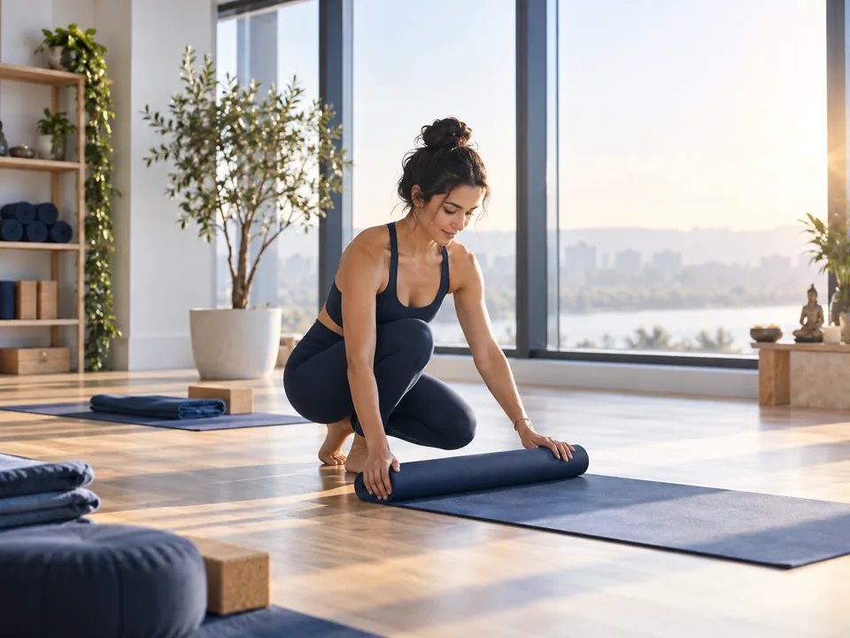 Yoga instructor preparing a morning class