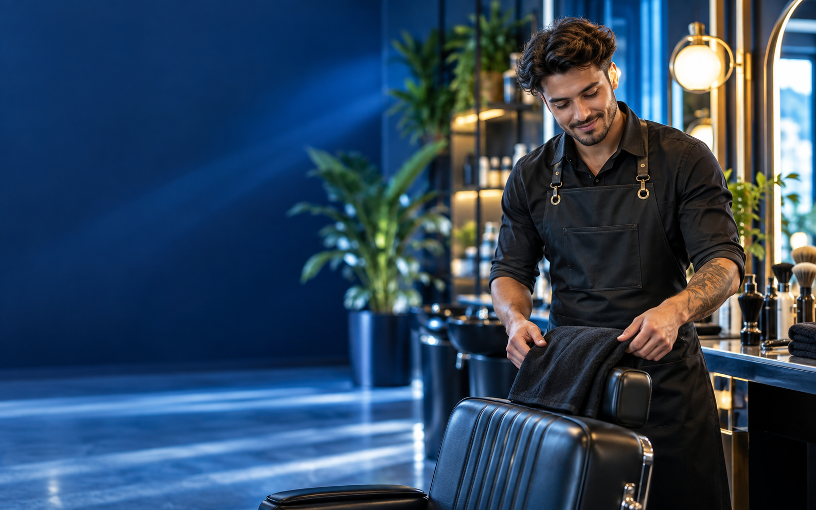 Service professional preparing a client workspace